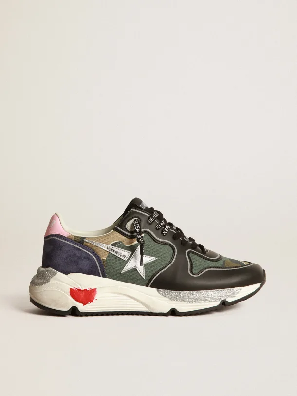 Running Sole sneakers in camouflage canvas with silver laminated leather star and baby-pink leather