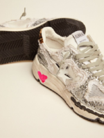 Running Sole sneakers in nylon and silver glitter with leopard-print pony skin heel tab