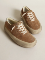 Space-Star shoes in tobacco-colored suede with perforated star and silver metallic leather h