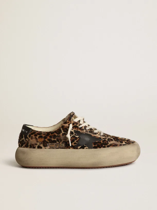 Space-Star shoes in leopard-print pony skin with black leather star and heel tab