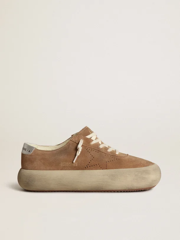 Space-Star shoes in tobacco-colored suede with perforated star and silver metallic leather h
