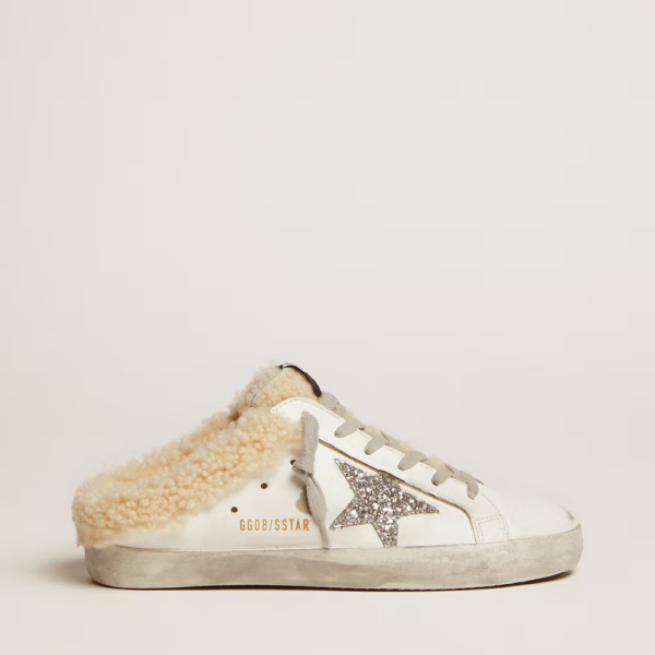 Super-Star Sabot in white leather and shearling lining