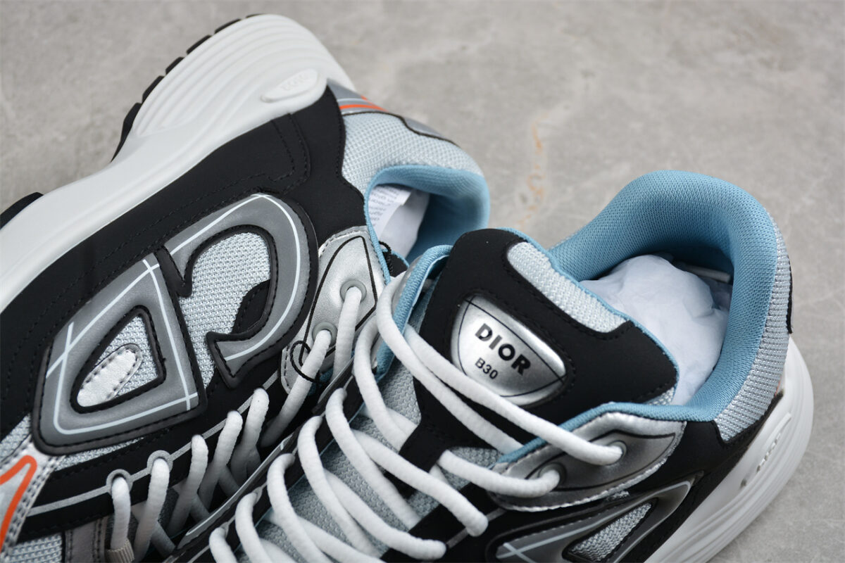 Dior B30 Sneaker – Silver Mesh with Black and Orange Accents