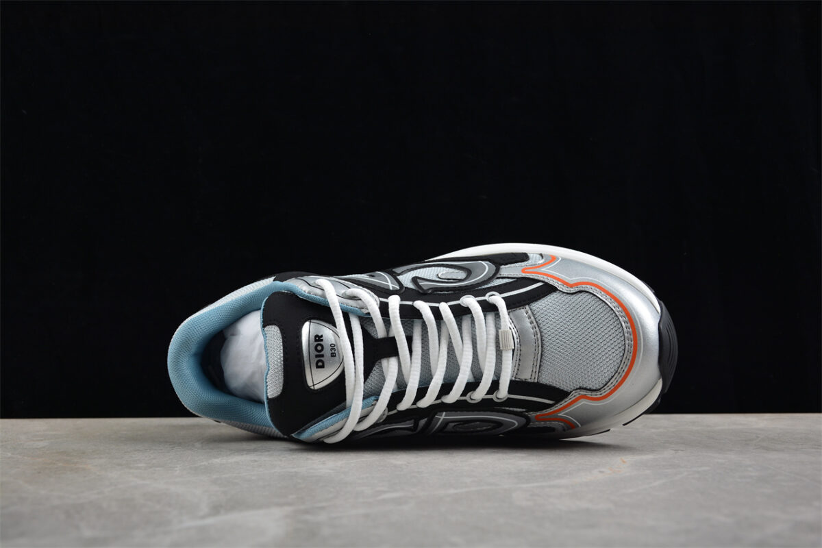 Dior B30 Sneaker – Silver Mesh with Black and Orange Accents