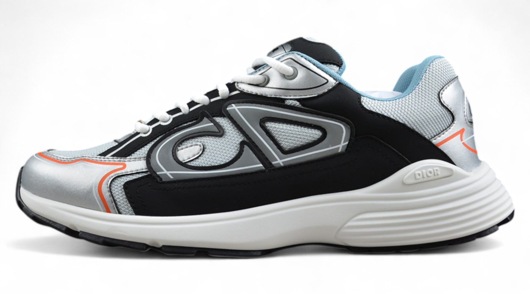 Dior B30 Sneaker – Silver Mesh with Black and Orange Accents