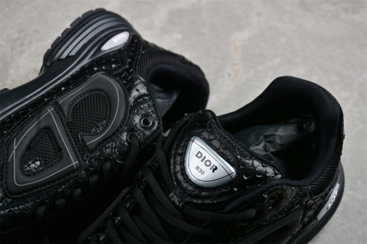 Dior B30 Sneaker – Black Mesh with Embossed Croc-Effect Leather Overlays