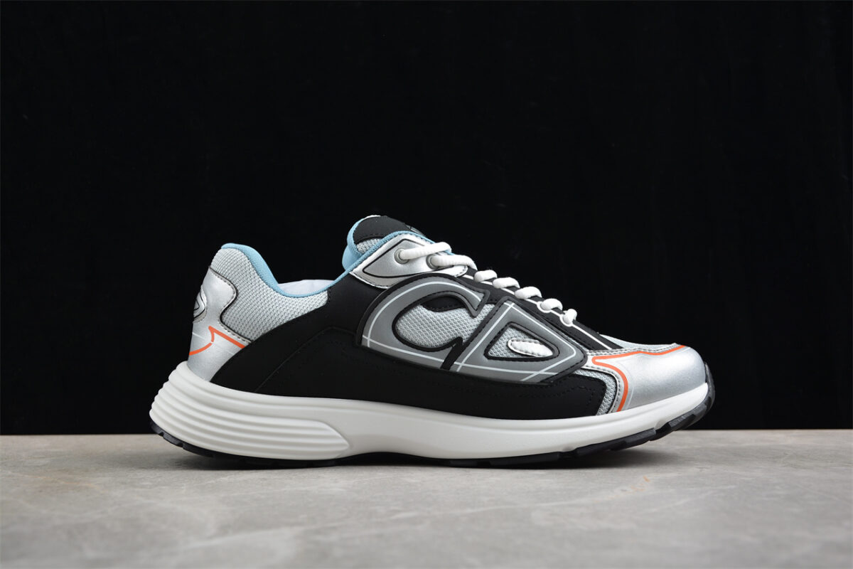 Dior B30 Sneaker – Silver Mesh with Black and Orange Accents