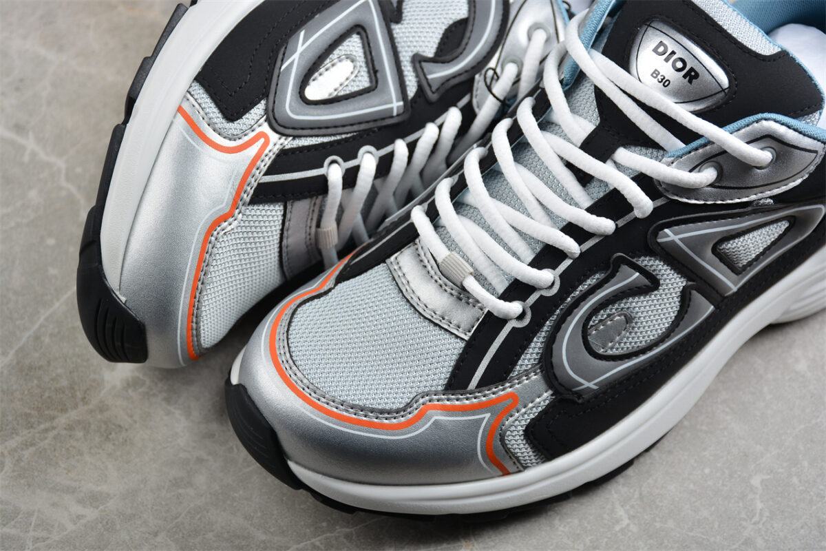 Dior B30 Sneaker – Silver Mesh with Black and Orange Accents
