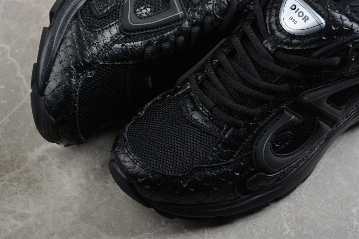 Dior B30 Sneaker – Black Mesh with Embossed Croc-Effect Leather Overlays