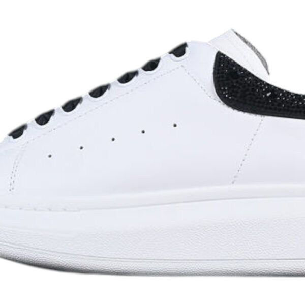 Alexander McQueen Oversized Sneaker – White Leather with Black Crystal Heel Tab