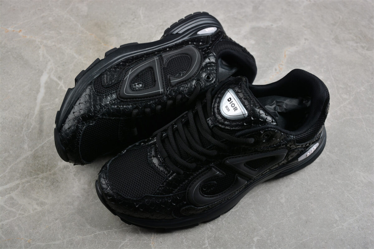 Dior B30 Sneaker – Black Mesh with Embossed Croc-Effect Leather Overlays