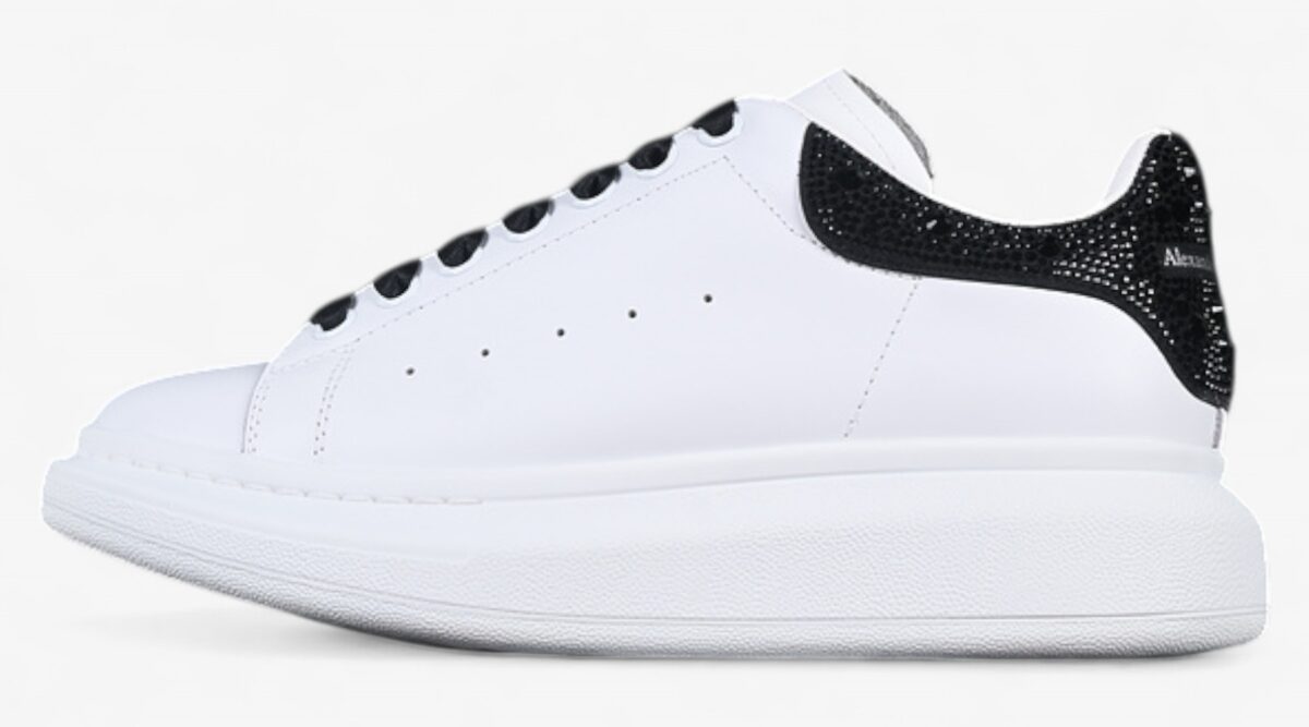 Alexander McQueen Oversized Sneaker – White Leather with Black Crystal Heel Tab