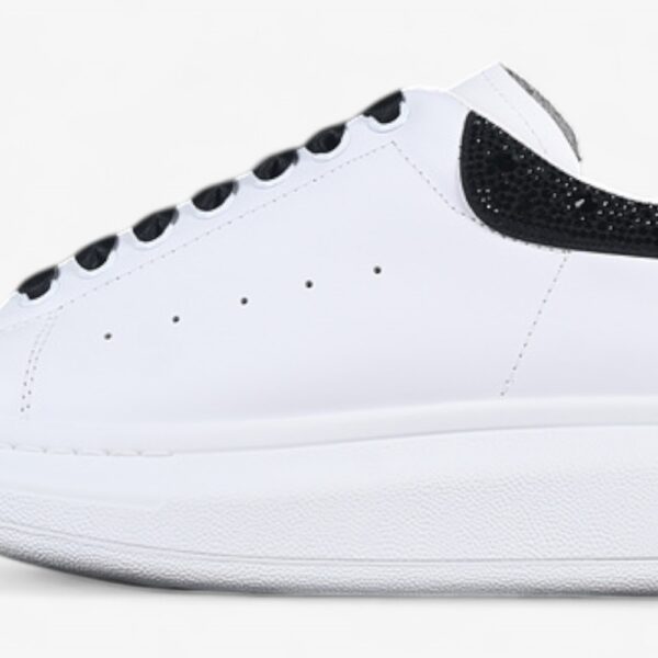 Alexander McQueen Oversized Sneaker – White Leather with Black Crystal Heel Tab