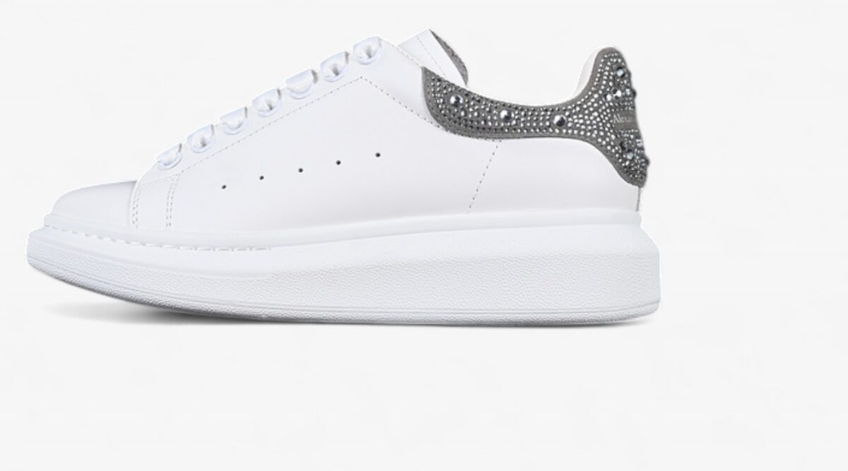 Alexander McQueen Oversized Sneaker – White Leather with Crystal-Embellished Silver