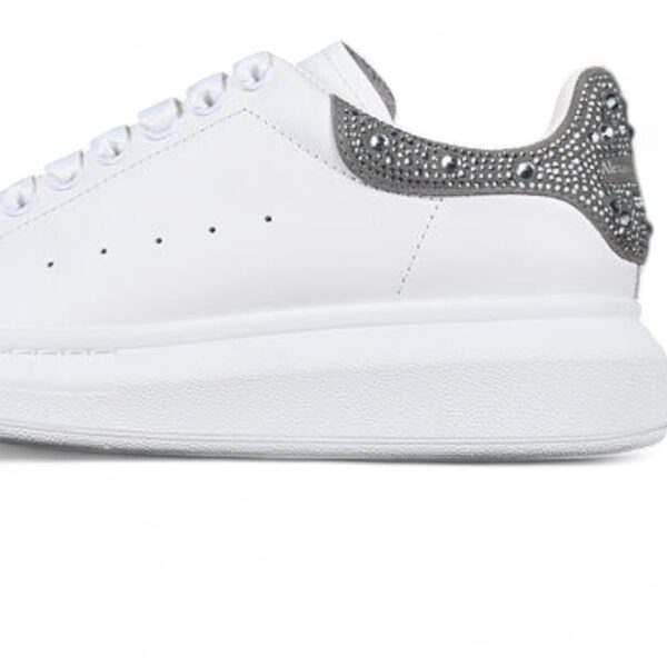Alexander McQueen Oversized Sneaker – White Leather with Crystal-Embellished Silver