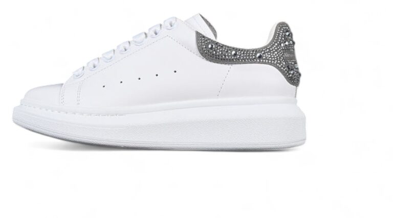 Alexander McQueen Oversized Sneaker – White Leather with Crystal-Embellished Silver
