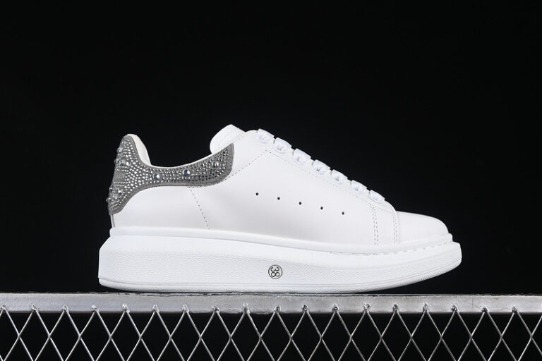 Alexander McQueen Oversized Sneaker – White Leather with Crystal-Embellished Silver