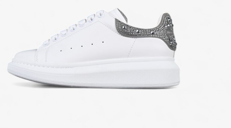 Alexander McQueen Oversized Sneaker – White Leather with Crystal-Embellished Silver