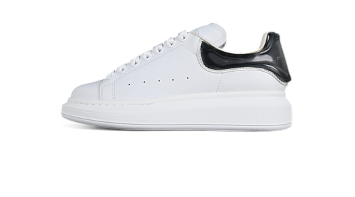 Alexander McQueen Oversized Sneaker – White Leather with Glossy Black Heel Tab