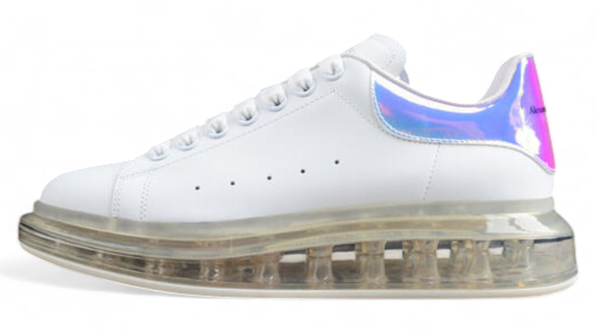 Alexander McQueen Oversized Sneaker – White Leather with Iridescent Heel & Transparent Air Sole