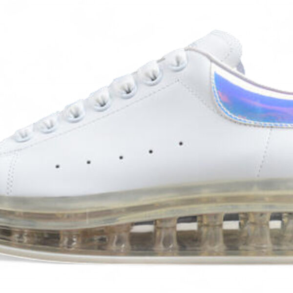 Alexander McQueen Oversized Sneaker – White Leather with Iridescent Heel & Transparent Air Sole