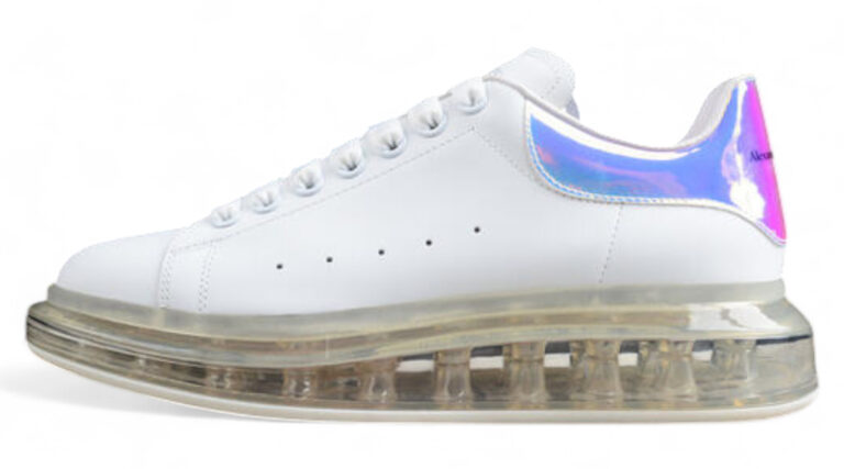 Alexander McQueen Oversized Sneaker – White Leather with Iridescent Heel & Transparent Air Sole
