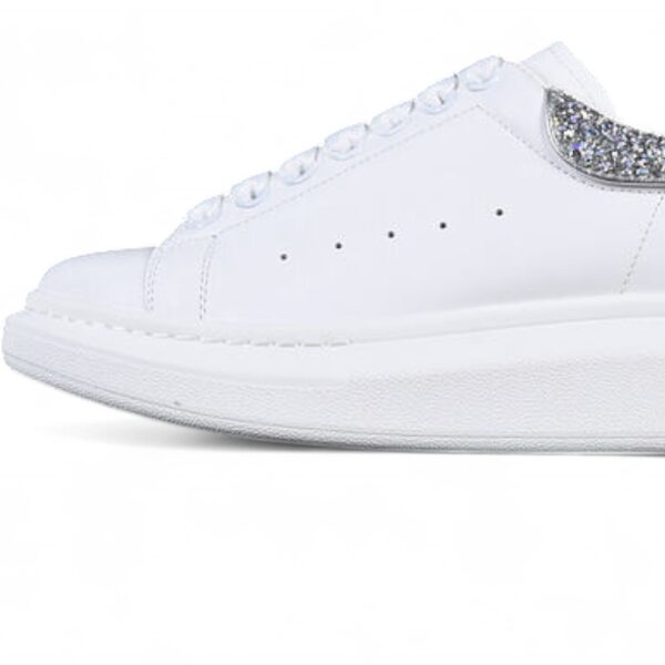 Alexander McQueen Oversized Sneaker – White Leather with Silver Glitter Heel Tab
