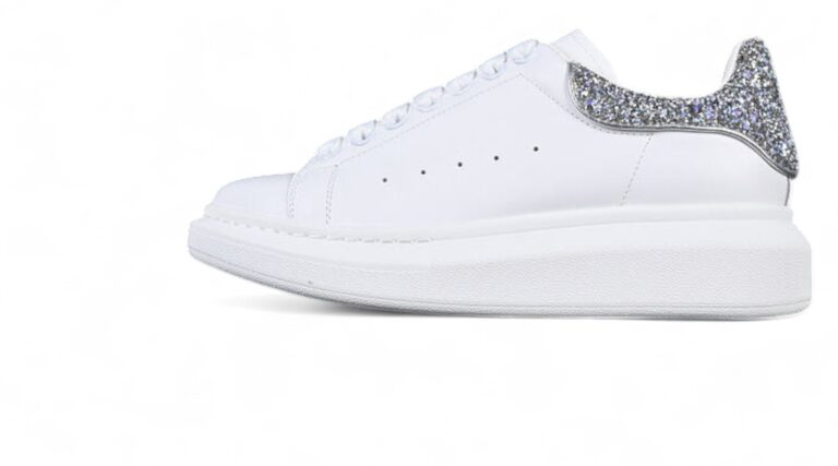Alexander McQueen Oversized Sneaker – White Leather with Silver Glitter Heel Tab