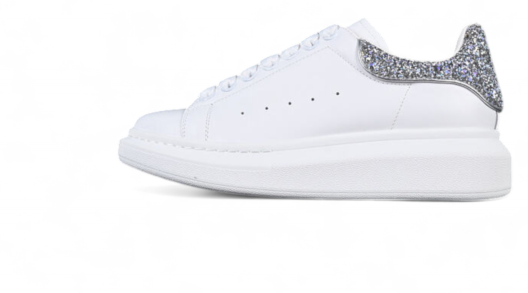 Alexander McQueen Oversized Sneaker – White Leather with Silver Glitter Heel Tab