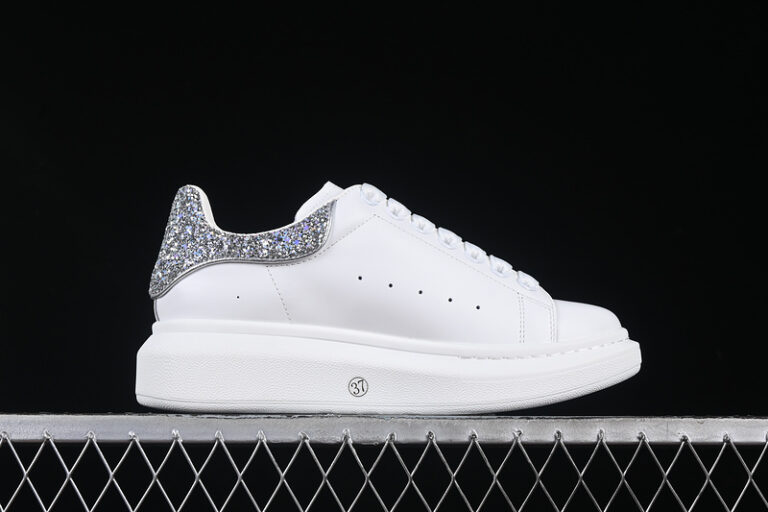 Alexander McQueen Oversized Sneaker – White Leather with Silver Glitter Heel Tab