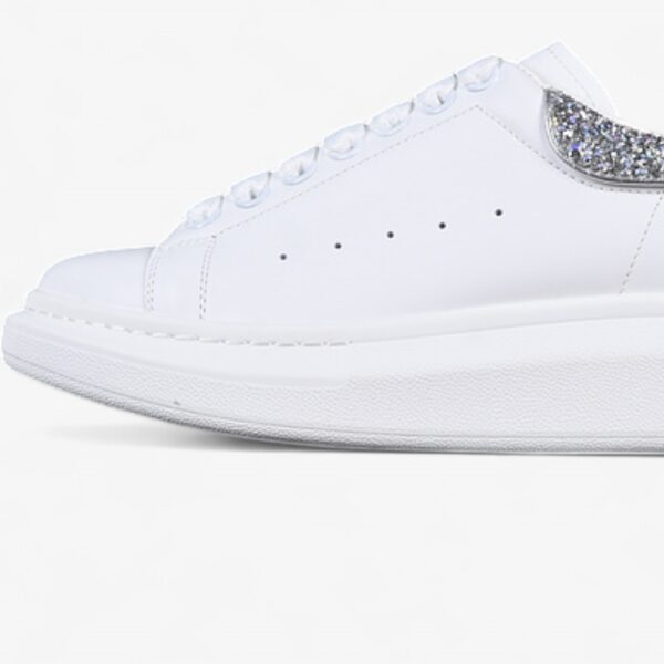 Alexander McQueen Oversized Sneaker – White Leather with Silver Glitter Heel Tab