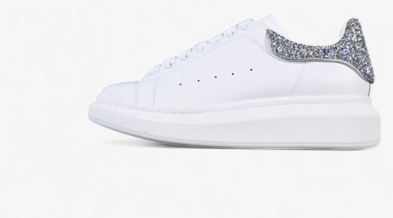 Alexander McQueen Oversized Sneaker – White Leather with Silver Glitter Heel Tab