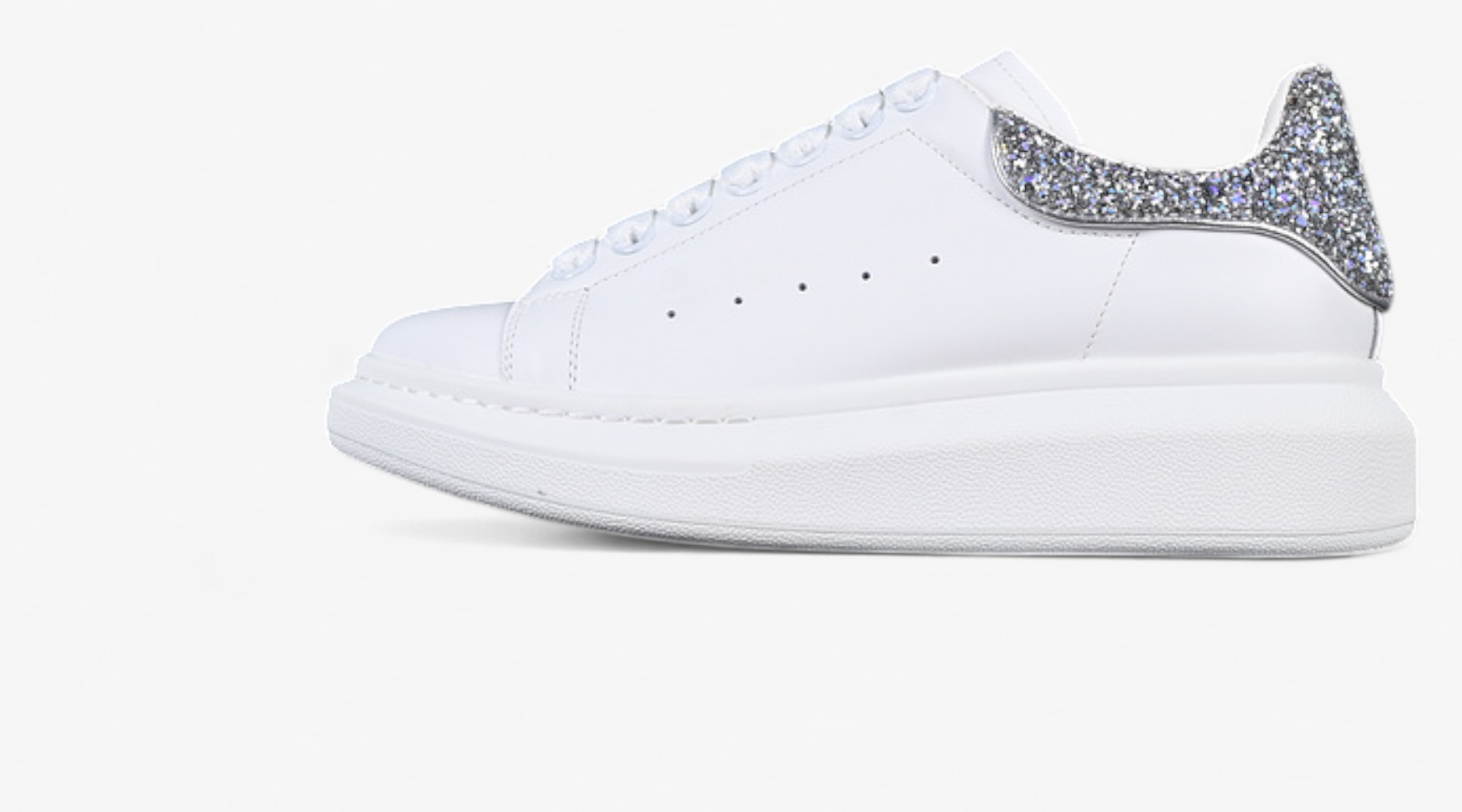 Alexander McQueen Oversized Sneaker – White Leather with Silver Glitter Heel Tab