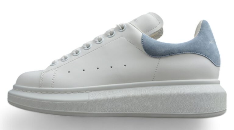 Alexander McQueen Oversized Sneakers – White & Light Blue Suede Heel Tab