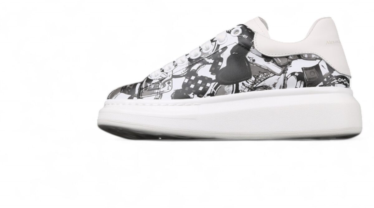 Alexander McQueen Oversized Sneakers – White with Black & Grey Abstract Print