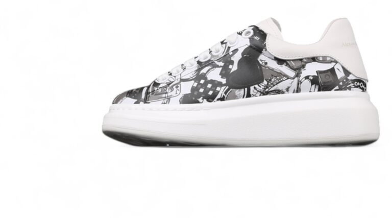 Alexander McQueen Oversized Sneakers – White with Black & Grey Abstract Print