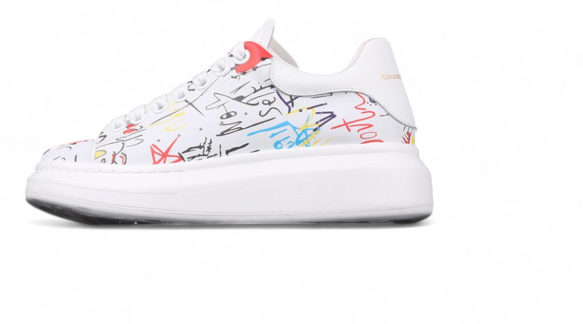 Alexander McQueen Oversized Sneakers – White with Multicolor Graffiti Print