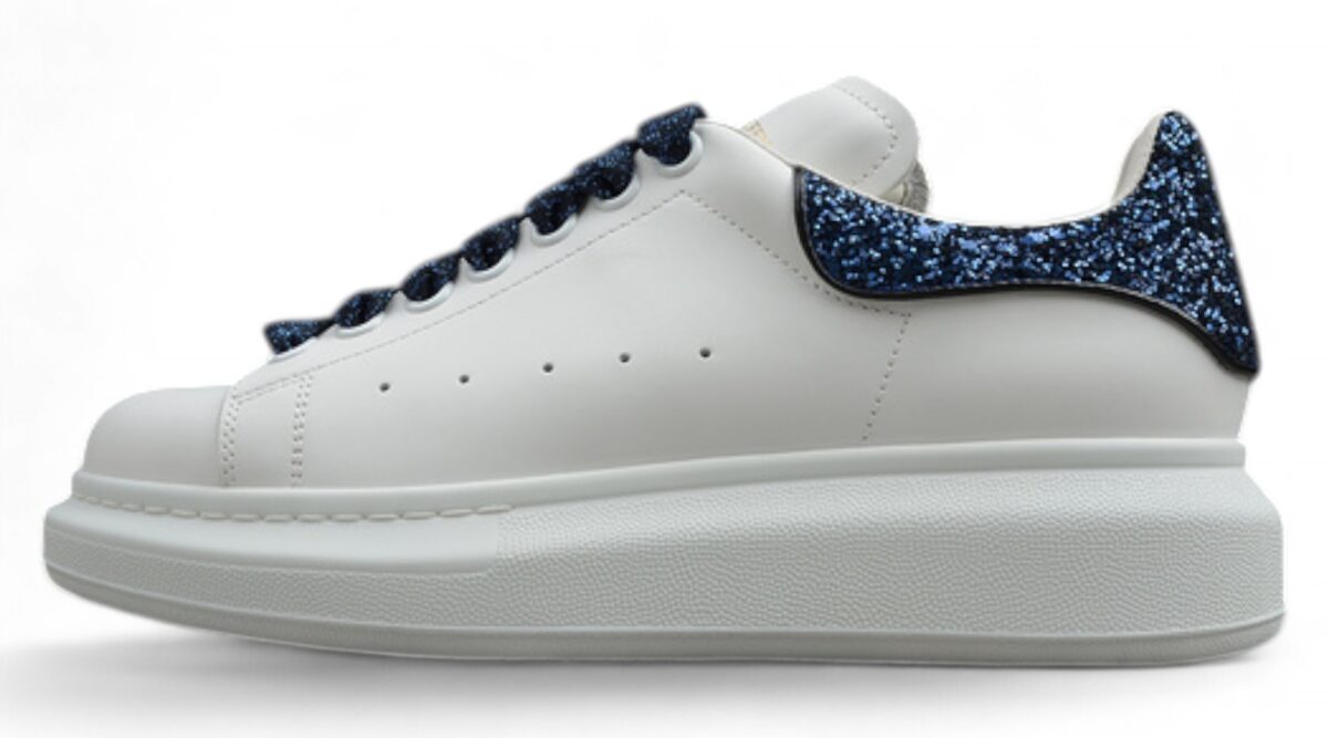 Alexander McQueen Oversized Sneakers – White with Navy Glitter Heel