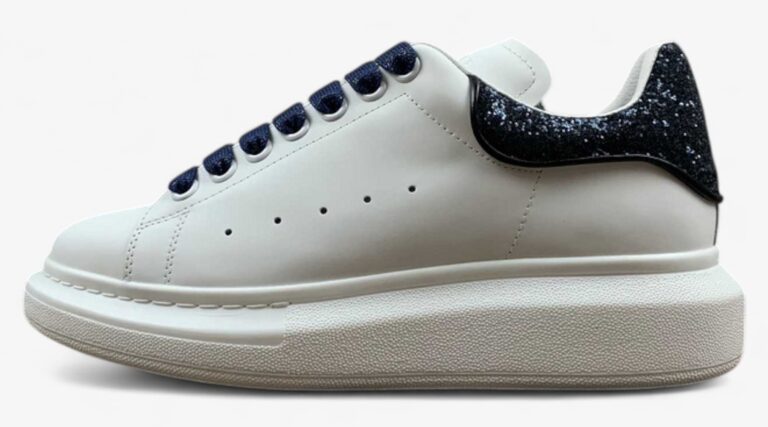 Alexander McQueen Oversized Sneakers – White with Navy Glitter Heel