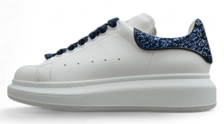 Alexander McQueen Oversized Sneakers – White with Navy Glitter Heel