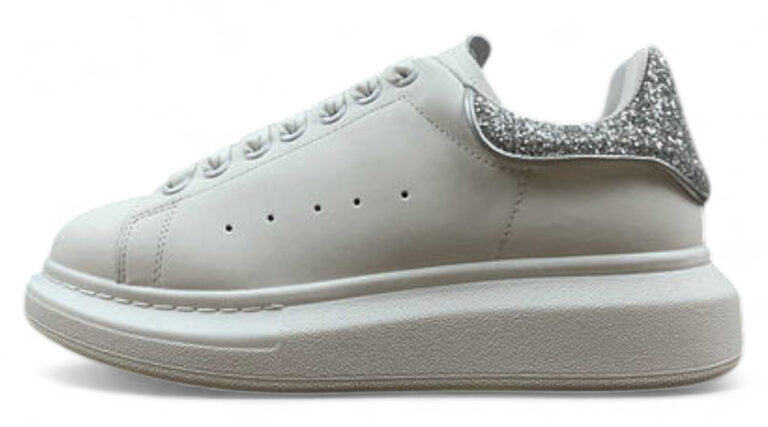 Alexander McQueen Oversized Sneakers – White with Silver Glitter Heel