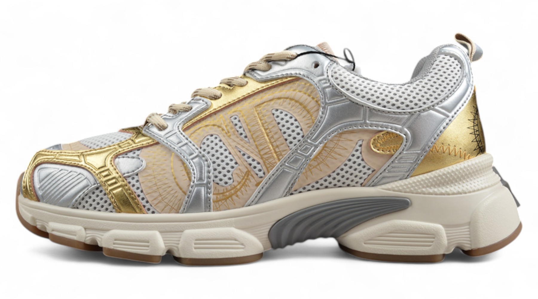 Dior B22 Sneaker – White Mesh with Metallic Gold and Silver Overlays