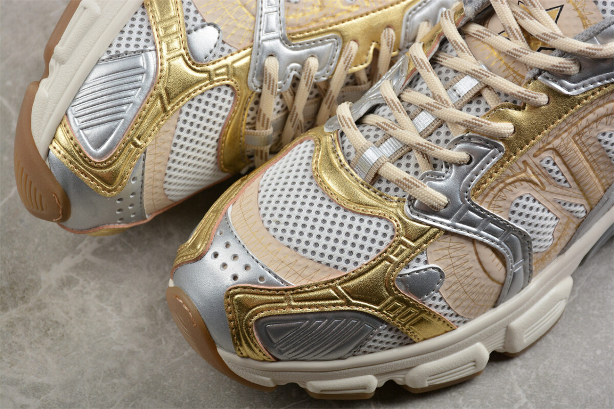 Dior B22 Sneaker – White Mesh with Metallic Gold and Silver Overlays