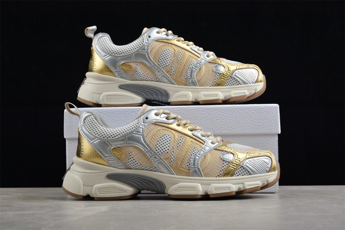 Dior B22 Sneaker – White Mesh with Metallic Gold and Silver Overlays