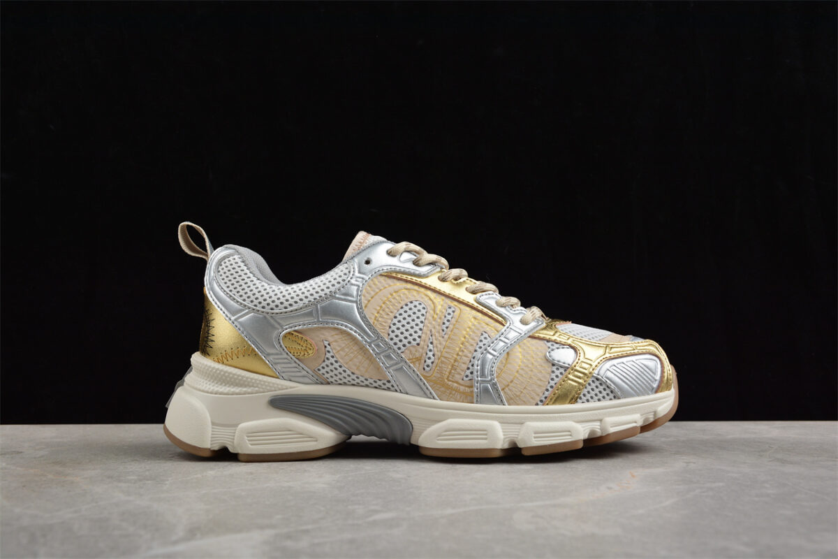Dior B22 Sneaker – White Mesh with Metallic Gold and Silver Overlays