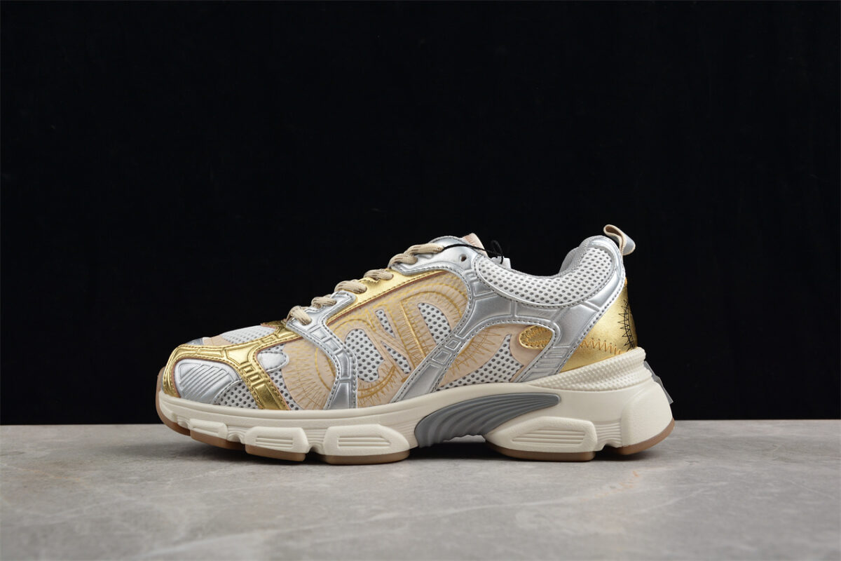 Dior B22 Sneaker – White Mesh with Metallic Gold and Silver Overlays