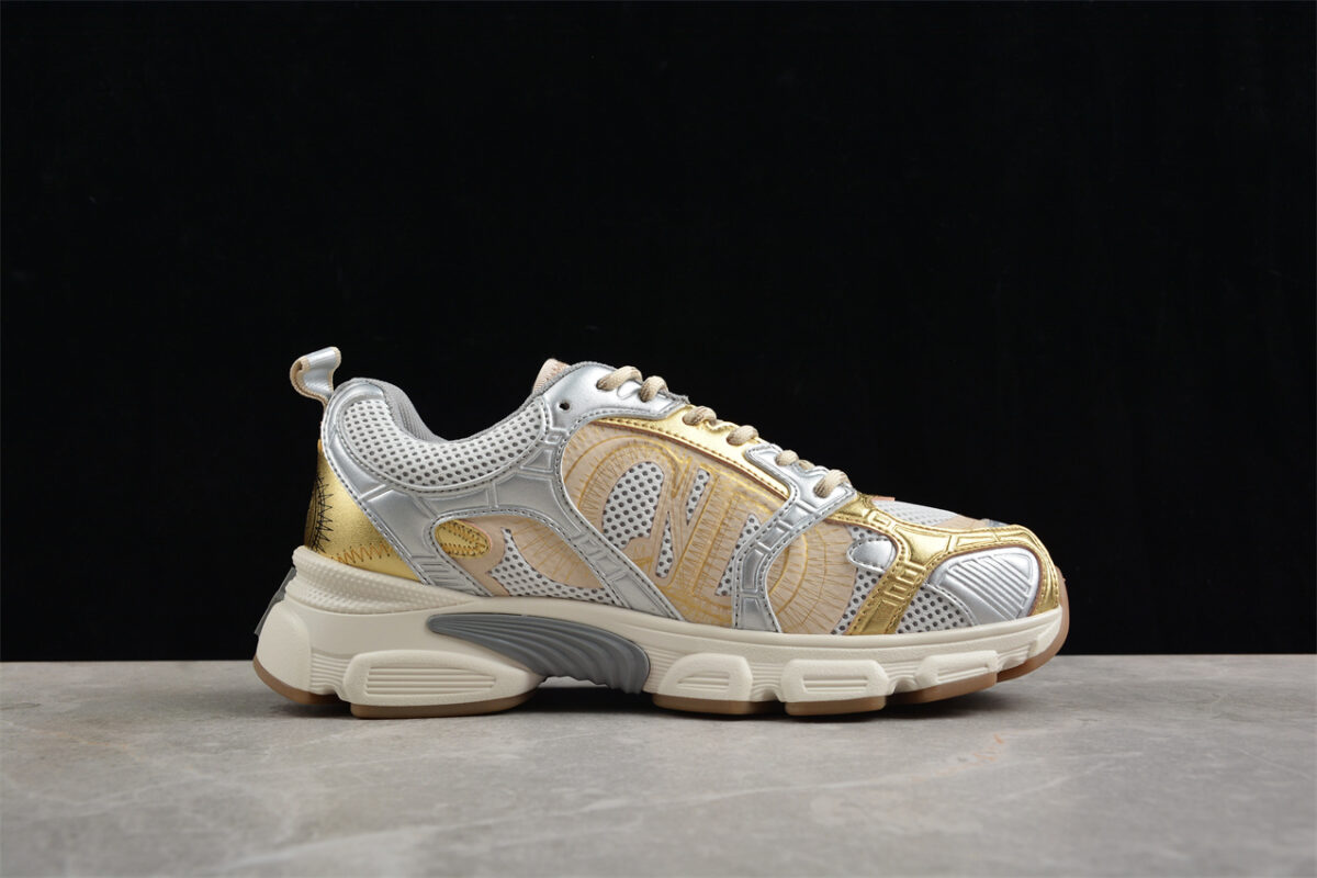 Dior B22 Sneaker – White Mesh with Metallic Gold and Silver Overlays