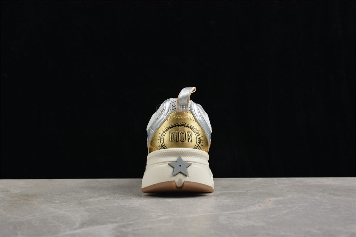 Dior B22 Sneaker – White Mesh with Metallic Gold and Silver Overlays