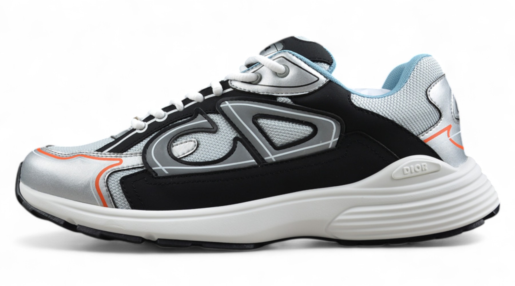 Dior B30 Sneaker – Silver Mesh with Black and Orange Accents