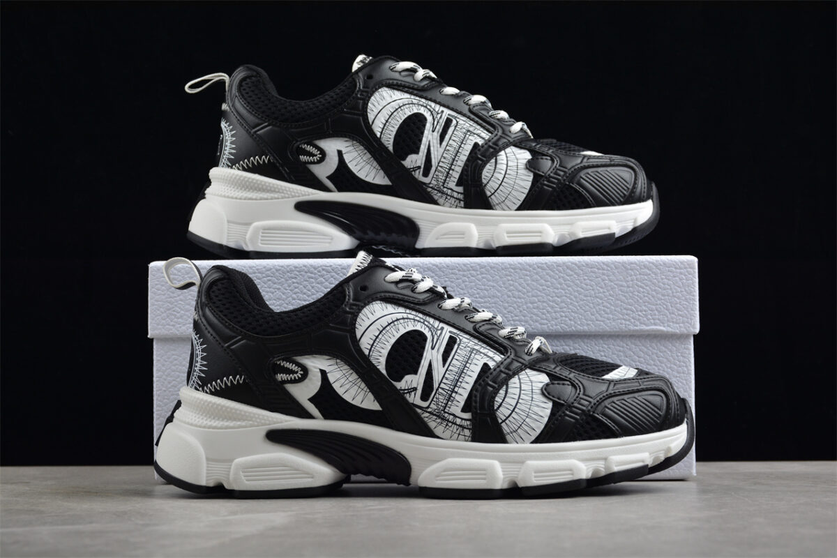 Dior B22 Sneaker – Black Mesh with White Graphic Detailing